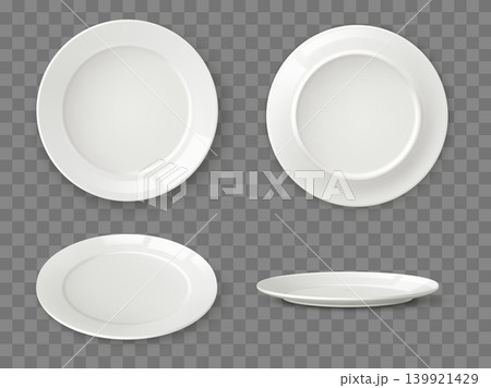 Realistic mockup featuring plates. Empty clean platters. top, side, and rear views of white ceramic tableware. Banquet serving. Porcelain dishware vector set on transparent background 139921429