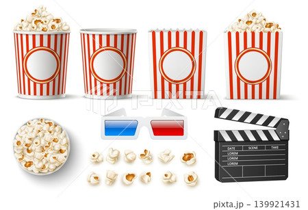 Realistic movie watching elements. Popcorn bucket. 3D glasses. Cinema snack box top and side view. Cinematography popper. Roasted corn grains. Stereoscopic eyewear. Vector objects set Realistic movie watching elements. Popcorn bucket. 3D glasses. Cinema snack box top and side view. Cinematography popper. Roasted corn grains. Stereoscopic eyewear. Vector objects set 139921431