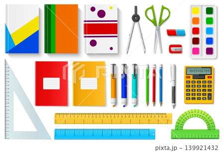 Realistic office supplies. Colorful stationery for students. Kids paints palette. Calculator and ruler. School compass. Pencil and pen. Hardcover notepads. Vector study accessories set 139921432