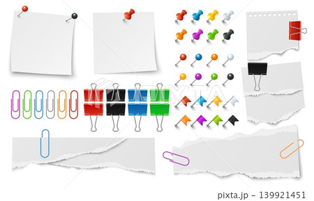 Realistic sheets of paper. Pins and page clips. Colored binders and buttons. Torn sheets attached with pushpins. Stationery for noticeboard. Notepaper scraps. Vector set of office supplies Realistic sheets of paper. Pins and page clips. Colored binders and buttons. Torn sheets attached with pushpins. Stationery for noticeboard. Notepaper scraps. Vector set of office supplies 139921451