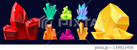 Sparkling crystals and precious stones. Magical shiny stalactites. Brilliant quartz. Jewel gemstones. Glossy crystalline. Geological shapes. Vector set of colorful natural minerals Sparkling crystals and precious stones. Magical shiny stalactites. Brilliant quartz. Jewel gemstones. Glossy crystalline. Geological shapes. Vector set of colorful natural minerals 139921456