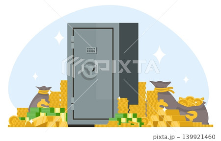 Steel bank safe for paper currency and gold coins. Cash money heap. Metal safebox. Dollars bullion. Combination lock. Finance success. Vector concept for protecting financial savings 139921460