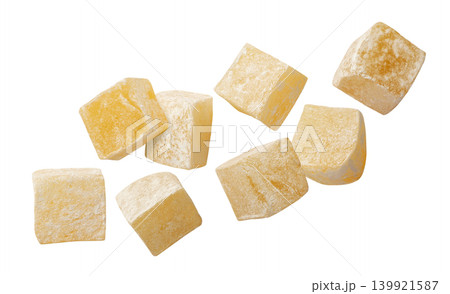 Set of food for turkish delight cubes flying on a white. Isolated Set of food for turkish delight cubes flying on a white. Isolated 139921587