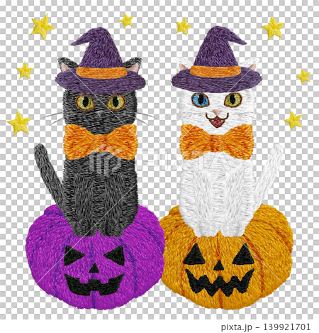 [Ghost pumpkin, black cat, white cat with odd eyes, and stars] Hand-embroidered illustration material 139921701