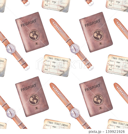 Passport, vintage train ticket, wristwatch seamless pattern. Hand-painted watercolor illustration isolated on white for travel themes, branding, design, websites, printing on textile, packaging Passport, vintage train ticket, wristwatch seamless pattern. Hand-painted watercolor illustration isolated on white for travel themes, branding, design, websites, printing on textile, packaging 139921926