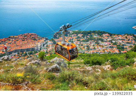 Amazing panoramic view of the old town of Dubrovnik with famous Cable Car on Srd mountain on a sunny day. 139922035