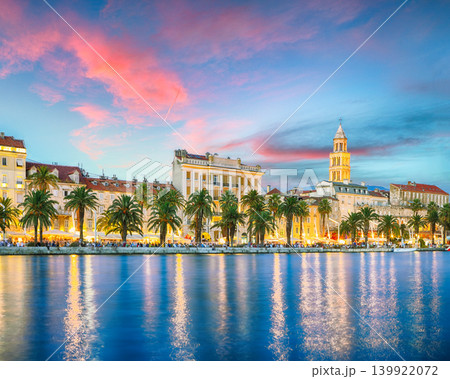 Awesome view of famous Palace of the Emperor Diocletian and shore of Adriatic Sea in Split at night. Awesome view of famous Palace of the Emperor Diocletian and shore of Adriatic Sea in Split at night. 139922072