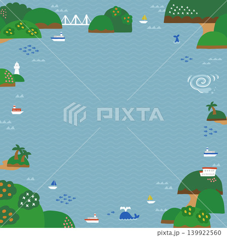 海と島々の風景イラスト　背景・フレーム素材（正方形） 139922560