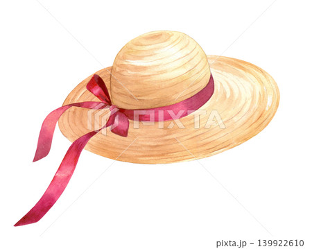 Straw hat with the pink ribbon. Watercolor illustration. Handmade art work. For packaging design, cards, cover, prints, product labels and fabric. 139922610