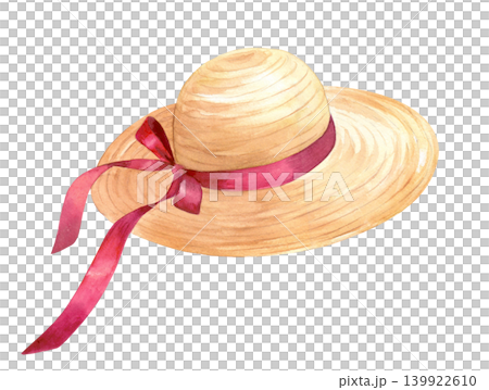 Straw hat with the pink ribbon. Watercolor illustration. Handmade art work. For packaging design, cards, cover, prints, product labels and fabric. 139922610