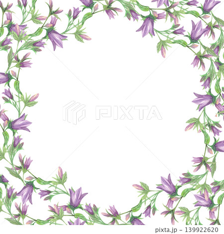 Frame of the blubells branches. Meadow flower watercolor illustration. Handmade art work. For packaging design, cards, cover, prints, product labels and fabric. Frame of the blubells branches. Meadow flower watercolor illustration. Handmade art work. For packaging design, cards, cover, prints, product labels and fabric. 139922620