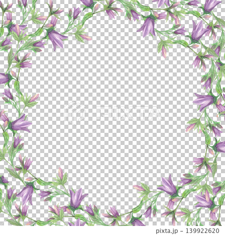 Frame of the blubells branches. Meadow flower watercolor illustration. Handmade art work. For packaging design, cards, cover, prints, product labels and fabric. Frame of the blubells branches. Meadow flower watercolor illustration. Handmade art work. For packaging design, cards, cover, prints, product labels and fabric. 139922620