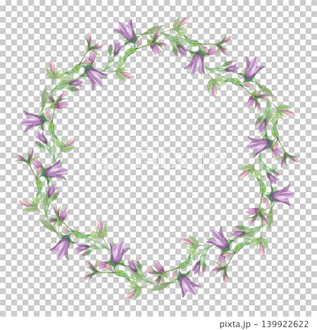 Wreath of the bluebells branches. Meadow flower watercolor illustration. Handmade art work. For packaging design, cards, cover, prints, product labels and fabric. Wreath of the bluebells branches. Meadow flower watercolor illustration. Handmade art work. For packaging design, cards, cover, prints, product labels and fabric. 139922622