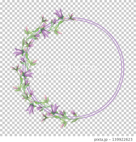 Wreath of the bluebells branches and double violet color ring. Meadow flower watercolor illustration. Handmade art work. For packaging design, cards, cover, prints, product labels and fabric. Wreath of the bluebells branches and double violet color ring. Meadow flower watercolor illustration. Handmade art work. For packaging design, cards, cover, prints, product labels and fabric. 139922623