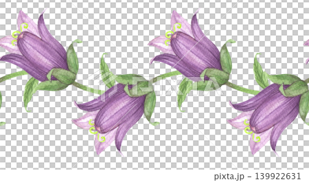 Seamless border of the violet bluebells buds. Meadow flower watercolor illustration. Handmade art work. For packaging design, cards, cover, prints, product labels and fabric. Seamless border of the violet bluebells buds. Meadow flower watercolor illustration. Handmade art work. For packaging design, cards, cover, prints, product labels and fabric. 139922631