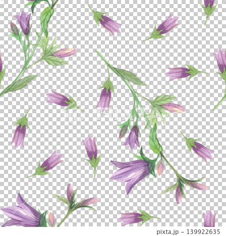 Seamless pattern of the violet bluebells. Meadow flower watercolor illustration. Handmade art work. For packaging design, cards, cover, prints, product labels and fabric. Seamless pattern of the violet bluebells. Meadow flower watercolor illustration. Handmade art work. For packaging design, cards, cover, prints, product labels and fabric. 139922635