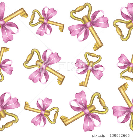 Seamless pattern of the double bow keys. Handmade watercolor illustration. For packaging design, cards, cover, prints, product labels and fabric. Seamless pattern of the double bow keys. Handmade watercolor illustration. For packaging design, cards, cover, prints, product labels and fabric. 139922666