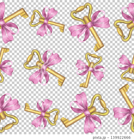 Seamless pattern of the double bow keys. Handmade watercolor illustration. For packaging design, cards, cover, prints, product labels and fabric. 139922666