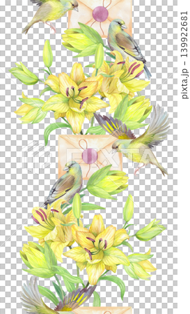 Vertical seamless border of the lilies and the birds. For packaging design, cards, cover, prints, product labels and fabric. Vertical seamless border of the lilies and the birds. For packaging design, cards, cover, prints, product labels and fabric. 139922681
