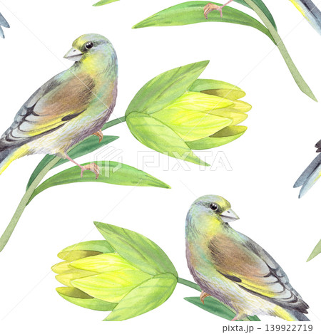 Seamless pattern of the birds and yellow lilies. Handmade watercolor illustration. For packaging design, cards, cover, prints, product labels and fabric. Seamless pattern of the birds and yellow lilies. Handmade watercolor illustration. For packaging design, cards, cover, prints, product labels and fabric. 139922719