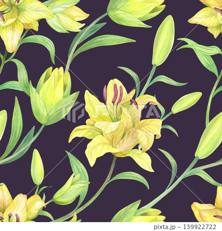 Seamless pattern of the yellow lilies on a violet background. Handmade watercolor illustration. For packaging design, cards, cover, prints, product labels and fabric. 139922722