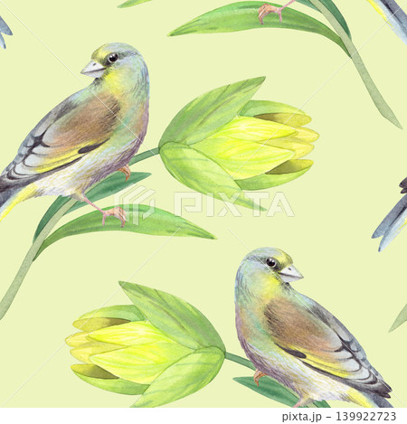 Seamless pattern of the birds and yellow lilies on a yellow background. Handmade watercolor illustration. For packaging design, cards, cover, prints, product labels and fabric. Seamless pattern of the birds and yellow lilies on a yellow background. Handmade watercolor illustration. For packaging design, cards, cover, prints, product labels and fabric. 139922723