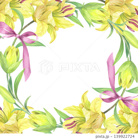 Frame of the lilies with a bow. Handmade watercolor illustration. For packaging design, cards, cover, prints, product labels and fabric. Frame of the lilies with a bow. Handmade watercolor illustration. For packaging design, cards, cover, prints, product labels and fabric. 139922724