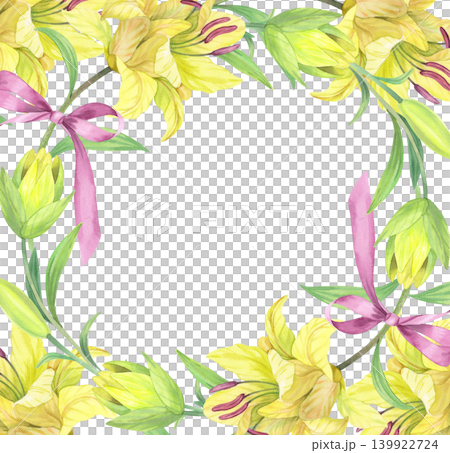 Frame of the lilies with a bow. Handmade watercolor illustration. For packaging design, cards, cover, prints, product labels and fabric. Frame of the lilies with a bow. Handmade watercolor illustration. For packaging design, cards, cover, prints, product labels and fabric. 139922724