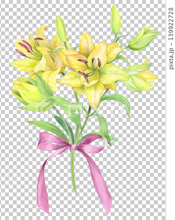 Bouquet of the lilies with the bow. Handmade watercolor illustration. For packaging design, cards, cover, prints, product labels and fabric. Bouquet of the lilies with the bow. Handmade watercolor illustration. For packaging design, cards, cover, prints, product labels and fabric. 139922728