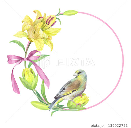 Wreath of the lilies with a bow and bird on a pink ring. Handmade watercolor illustration. For packaging design, cards, cover, prints, product labels and fabric. Wreath of the lilies with a bow and bird on a pink ring. Handmade watercolor illustration. For packaging design, cards, cover, prints, product labels and fabric. 139922731