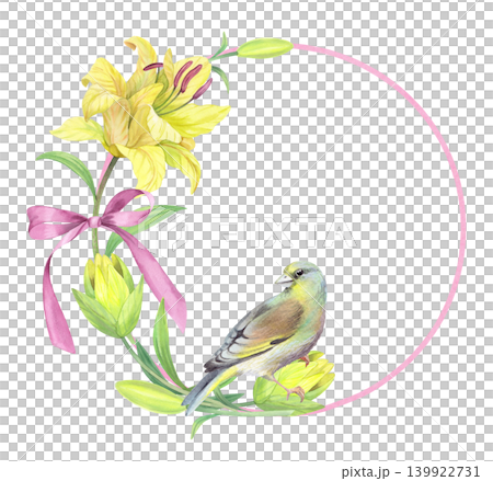 Wreath of the lilies with a bow and bird on a pink ring. Handmade watercolor illustration. For packaging design, cards, cover, prints, product labels and fabric. Wreath of the lilies with a bow and bird on a pink ring. Handmade watercolor illustration. For packaging design, cards, cover, prints, product labels and fabric. 139922731
