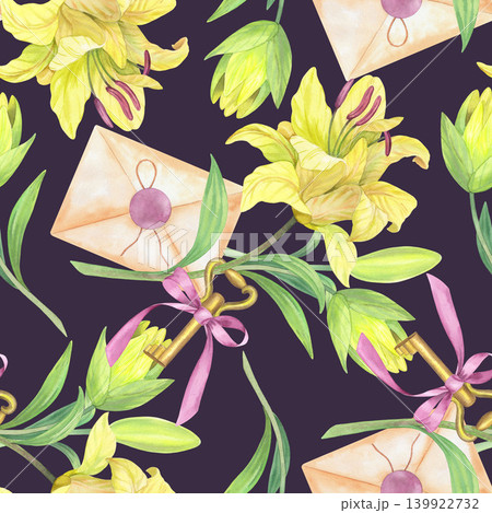 Seamless pattern of the lilies bouquet, envelope and key with a bow on a violet. Handmade watercolor illustration. For packaging design, cards, cover, prints, product labels and fabric. Seamless pattern of the lilies bouquet, envelope and key with a bow on a violet. Handmade watercolor illustration. For packaging design, cards, cover, prints, product labels and fabric. 139922732