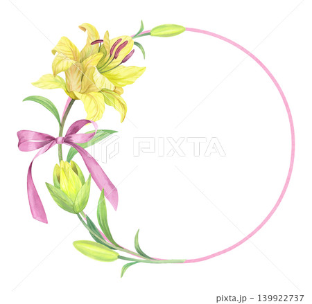 Wreath of the lilies with a bow on a pink ring. Handmade watercolor illustration. For packaging design, cards, cover, prints, product labels and fabric. Wreath of the lilies with a bow on a pink ring. Handmade watercolor illustration. For packaging design, cards, cover, prints, product labels and fabric. 139922737