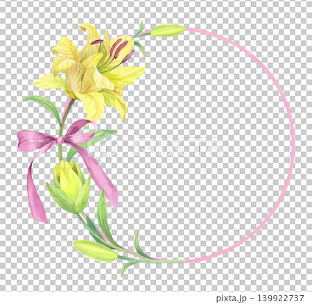 Wreath of the lilies with a bow on a pink ring. Handmade watercolor illustration. For packaging design, cards, cover, prints, product labels and fabric. Wreath of the lilies with a bow on a pink ring. Handmade watercolor illustration. For packaging design, cards, cover, prints, product labels and fabric. 139922737