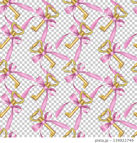 Seamless pattern of the key with a bow. Handmade watercolor illustration. For packaging design, cards, cover, prints, product labels and fabric. Seamless pattern of the key with a bow. Handmade watercolor illustration. For packaging design, cards, cover, prints, product labels and fabric. 139922749