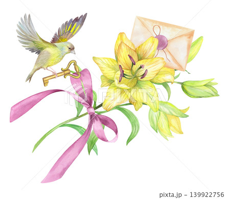 Seamless border of the lilies, birds and envelopes. Handmade watercolor illustration. For packaging design, cards, cover, prints, product labels and fabric. Seamless border of the lilies, birds and envelopes. Handmade watercolor illustration. For packaging design, cards, cover, prints, product labels and fabric. 139922756