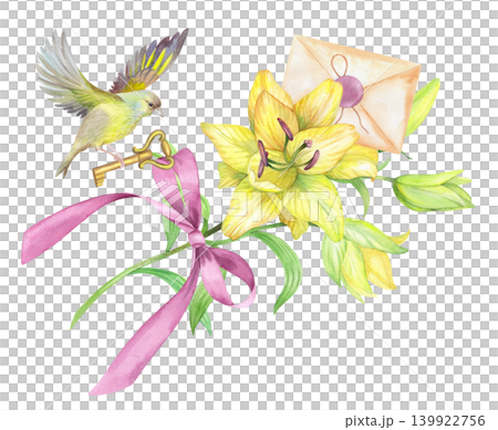 Seamless border of the lilies, birds and envelopes. Handmade watercolor illustration. For packaging design, cards, cover, prints, product labels and fabric. Seamless border of the lilies, birds and envelopes. Handmade watercolor illustration. For packaging design, cards, cover, prints, product labels and fabric. 139922756