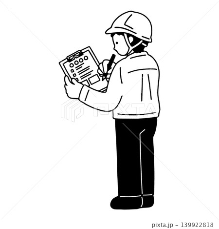 立ってチェックをするヘルメットをかぶりスーツに作業服を着た男性(後ろ姿)の単色イラスト 139922818