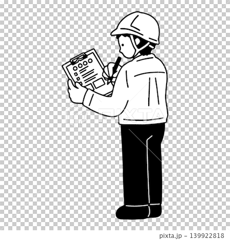 立ってチェックをするヘルメットをかぶりスーツに作業服を着た男性(後ろ姿)の単色イラスト 139922818