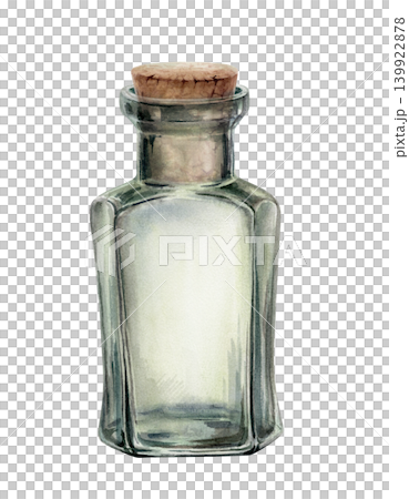 Vintage glass apothecary bottle watercolor with cork. Antique perfume vial for aromatherapy oil packaging, luxury skincare serum label design, magic potion bottle and historical science lab graphics 139922878