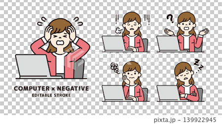 A set of vector illustrations of a woman/office worker operating a computer with a negative expression and pose. 139922945