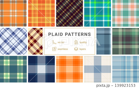 Seasonal tartan pack tailored for Thanksgiving packaging systems. Coordinated plaid patterns unify product lines. Seamless vectors repeat flawlessly. 139923153