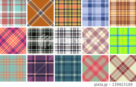 Autumn themed plaid pattern pack for licensing. Market ready tartan designs suit seasonal products. Vector files stay editable. 139923189