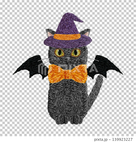 [Black cat vampire wearing a hat] Hand-embroidered illustration material 139923227