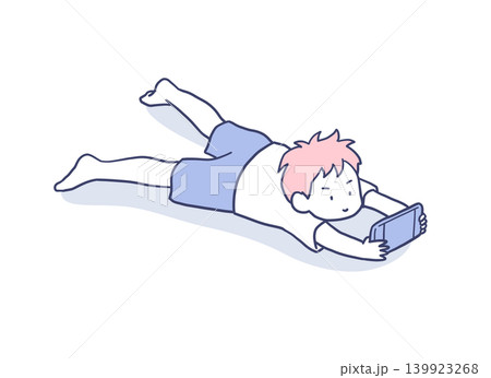 寝ながら夢中でゲームをする男の子のイラスト素材 寝ながら夢中でゲームをする男の子のイラスト素材 139923268