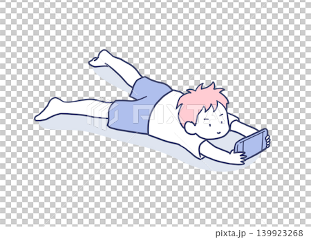 寝ながら夢中でゲームをする男の子のイラスト素材 寝ながら夢中でゲームをする男の子のイラスト素材 139923268