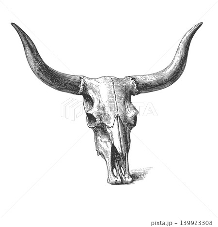 Western Bull Skull Illustration Vintage Ink Sketch Vector Longhorn Skull Engraving Western Bull Skull Illustration Vintage Ink Sketch Vector Longhorn Skull Engraving 139923308