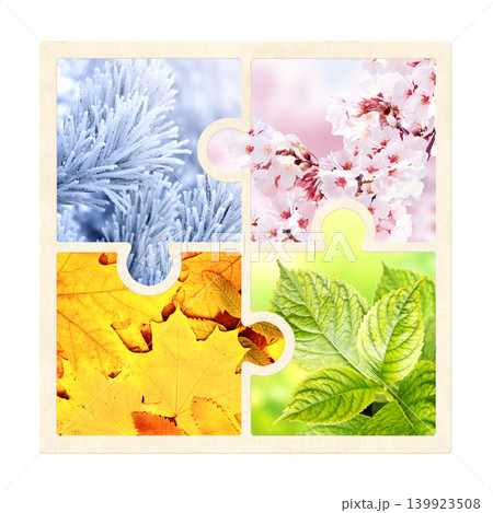 Four season of year concept. Puzzle part with each one features scene of nature, from snow of winter to vibrant leaves of fall. Isolated on white. Perfect  for showcasing of changing seasons 139923508