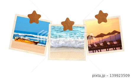 Travel and relax concept. Three photo frame with photo of palm, sand and ocean waves. Vintage style mood board layout. Isolated on white background. Topic of vacation, travel, trip, cruises, tour Travel and relax concept. Three photo frame with photo of palm, sand and ocean waves. Vintage style mood board layout. Isolated on white background. Topic of vacation, travel, trip, cruises, tour 139923509