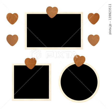 Set of frame photos with heart-shaped adhesive tape pieces. Pictures album grid for scrapbooking. Vintage style mood board layout. Isolated on white background. Copy space for your text and photo Set of frame photos with heart-shaped adhesive tape pieces. Pictures album grid for scrapbooking. Vintage style mood board layout. Isolated on white background. Copy space for your text and photo 139923511
